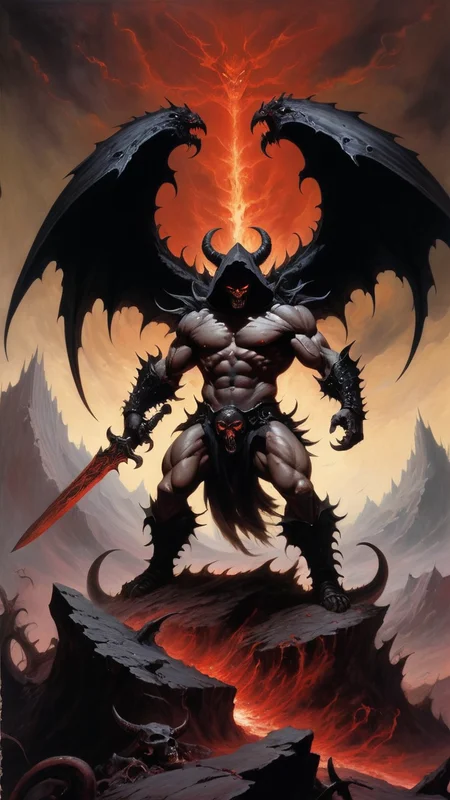 Imagine an ultra-detailed oil painting that thrusts you into the heart of a surreal, dark fantasy dreamscape, masterfully rendered in the iconic style of Frank Frazetta. At the center of this apocalyptic hellscape stands a formidable, muscular figure, shrouded in a dark hood, with enormous black wings unfurled menacingly. His demonic plate armor, intricately designed and exuding malevolence, catches the faint, eerie light. His face, a dark void shrouded in shadow, is featureless except for two fiery red eyes that burn with an infernal intensity. He is engaged in a ferocious battle against a horde of demonic beasts that swarm in from all sides. Each beast, a grotesque amalgamation of nightmare and flesh, falls before the sweeping arcs of his massive, gleaming sword, wielded with a master's precision. In the background, jagged mountains rise ominously, silhouetted against a tempestuous, roiling sky. The ground is a macabre tapestry of decapitated demons, scattered skulls, and winding rivers of blood, completing this nightmarish vista with a visceral sense of dread and awe.