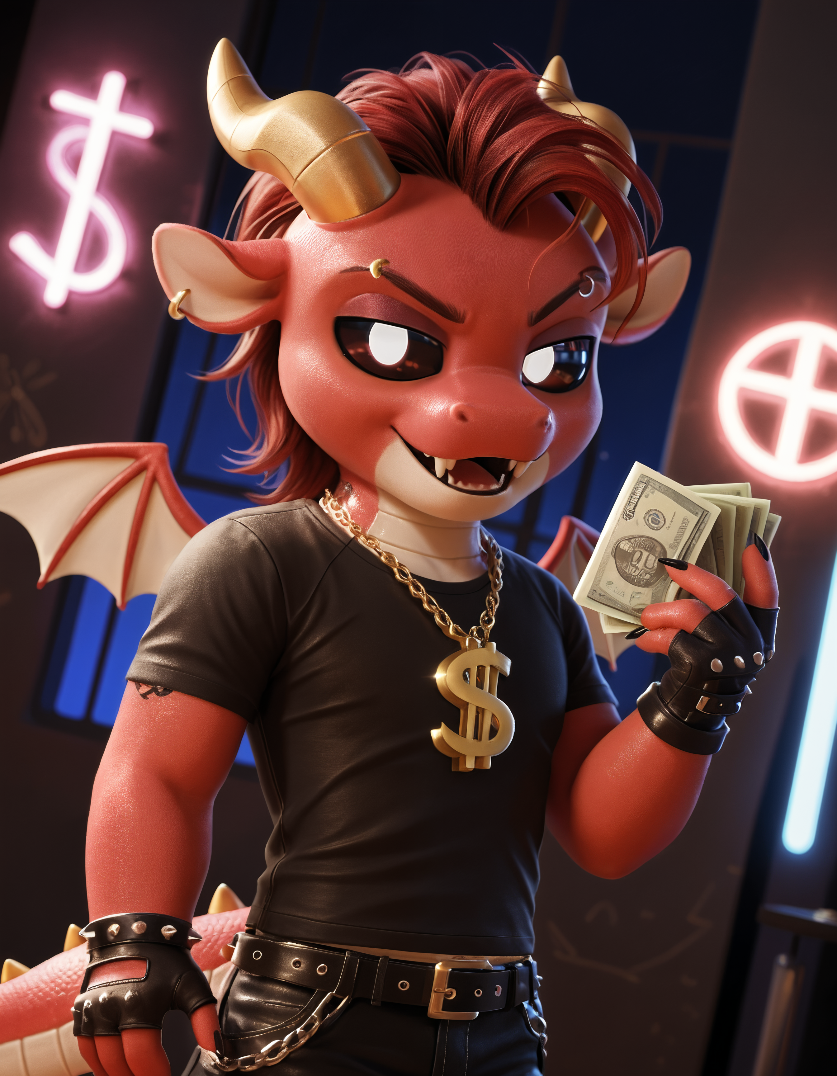 score_9, score_8_up, score_7_up BREAK source_furry, rating_safe, SSAO, detailed, detailed shadows, ambient occlusion, cinematic lighting, particles, graffiti, ray tracing, reflections, decals, masterpiece, best quality, ultra realistic, detailed eyes, 4k, 2k, film photography, RAW photo, photorealistic, analog style, subsurface scattering, photorealism, perfect eyes, perfect teeth, <lora:add-detail-xl:3.0>, <lora:fix_hands.safetensors:2.0>,  <lora:sinfully_stylish_SDXL.safetensors:1.0>, <lora:AdvancedEnhancerXLv2.safetensors:1.0>, dutch angle, detailed eyes, (detailed background:1.2), anthro, <lora:Simon_Smoke_Poppy_Playtime.safetensors:0.9>, s1mon_sm0ke, 1boy, male, young, cute, dragon, scalie, horns, wings, solo, colored sclera, tail, open mouth, fangs, no humans, upper body, dollar sign necklace, looking at viewer, red hair, black sclera, big white eyes, full white pupil, black claws, eyebrow piercing, piercing, leather anklets with metal spikes, metal bands, clothed, closed mouth, gothic style, tattoo, makeup, black pants, cross, gothic, fingerless gloves with metal spikes, (nightclub, nightclub background, neon lights:1.1), sunglasses, close up, horny, seductive, money, holding, (chibi:1.2) (dutch angle, praise the sun:1.15)