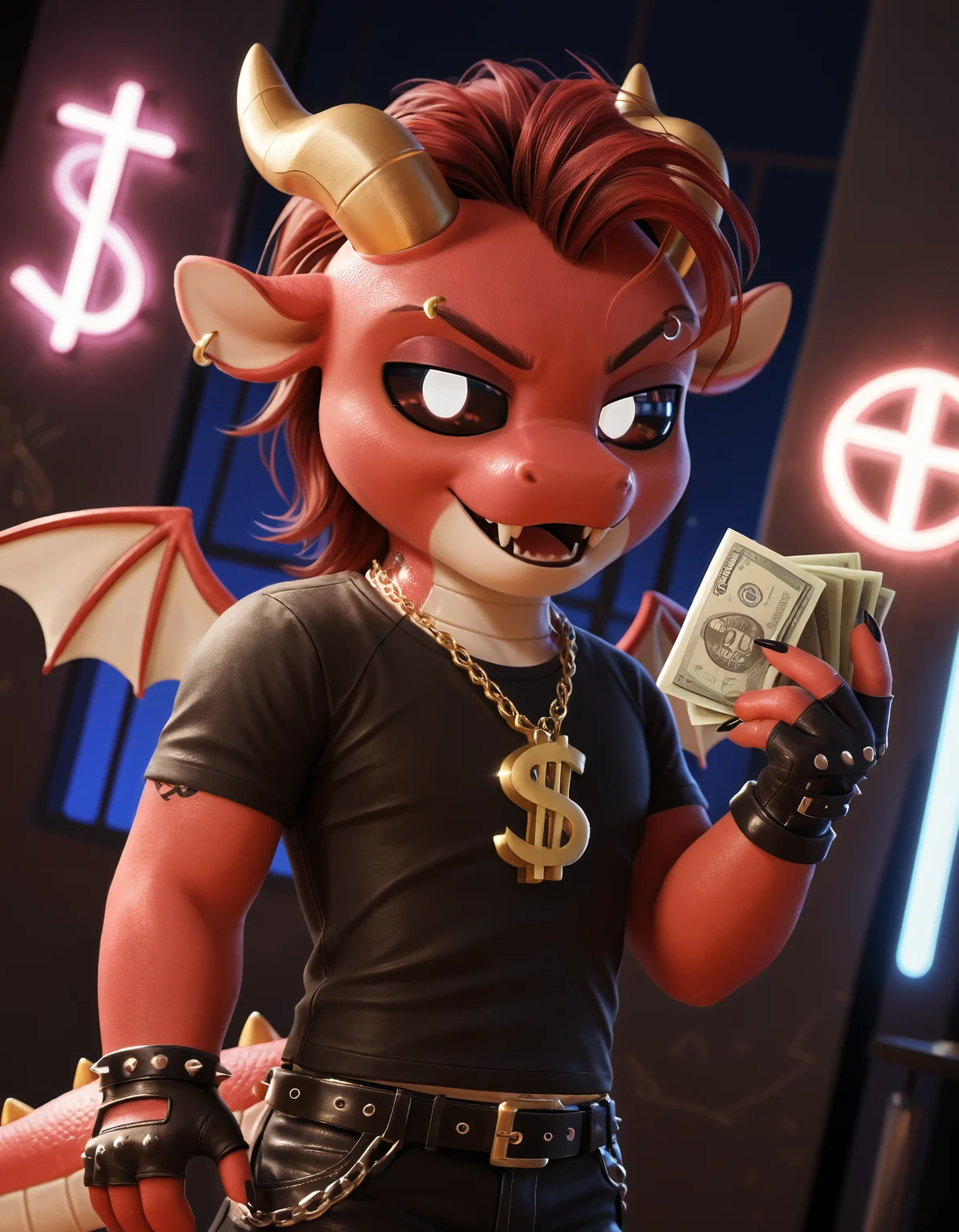 score_9, score_8_up, score_7_up BREAK source_furry, rating_safe, SSAO, detailed, detailed shadows, ambient occlusion, cinematic lighting, particles, graffiti, ray tracing, reflections, decals, masterpiece, best quality, ultra realistic, detailed eyes, 4k, 2k, film photography, RAW photo, photorealistic, analog style, subsurface scattering, photorealism, perfect eyes, perfect teeth, <lora:add-detail-xl:3.0>, <lora:fix_hands.safetensors:2.0>, <lora:sinfully_stylish_SDXL.safetensors:1.0>, <lora:AdvancedEnhancerXLv2.safetensors:1.0>, dutch angle, detailed eyes, (detailed background:1.2), anthro, <lora:Simon_Smoke_Poppy_Playtime.safetensors:0.9>, s1mon_sm0ke, 1boy, male, young, cute, dragon, scalie, horns, wings, solo, colored sclera, tail, open mouth, fangs, no humans, upper body, dollar sign necklace, looking at viewer, red hair, black sclera, big white eyes, full white pupil, black claws, eyebrow piercing, piercing, leather anklets with metal spikes, metal bands, clothed, closed mouth, gothic style, tattoo, makeup, black pants, cross, gothic, fingerless gloves with metal spikes, (nightclub, nightclub background, neon lights:1.1), sunglasses, close up, horny, seductive, money, holding, (chibi:1.2) (dutch angle, praise the sun:1.15)
