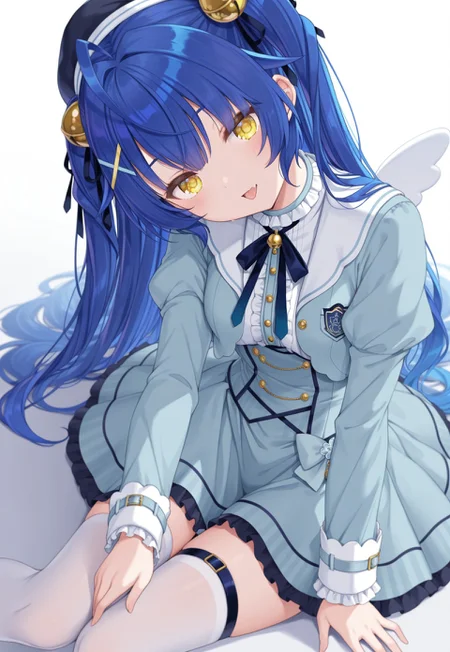 masterpiece, best quality, amazing quality, simple background, white background, white theme, 

nijikokoro, small breasts, yellow eye, blue hair, long hair, ahoge, two side up, hair bell, x hair ornament, nijikokorocos, white shirt, cropped jacket, blue jacket, long sleeves, blue corset, blue skirt, frills, thigh band, thighhigh under band, (white thighhighs:1.2), neck ribbon, neck bell, black beret, white wings, mini wings, 

1girl, lying, on side, head tilt, looking at viewer, open mouth, skin fang, tongue out, leaning over, arm support, reaching towards viewer, knees together feet apart, thigh gap