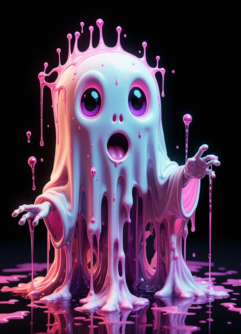(Ombre color scheme of white ,neon light pink ,neon light purple) splash art, a quirky liquid portrait of a cute and adorable sheet ghost, splash style of paint, Pixar style, Halloween colors, hyper detailed intricately detailed, fantastical, intricate detail, splash screen,  liquid, gooey, slime, splashy, fantasy, concept art, 8k resolution, masterpiece, melting, complex background, intricate detailed, bright colors, fantasy, concept art, digital art, intricate, oil on canvas, masterpiece, expert, insanely detailed, 4k resolution, <lora:br1ghtXLP:0.7> multicolored <lora:43stl1ght1ngXLP2:0.7> 43stl1ght1ng, low light, dramatic lighting, darkness, neon, spotlight <lora:envyStarlight_v10:0.8>