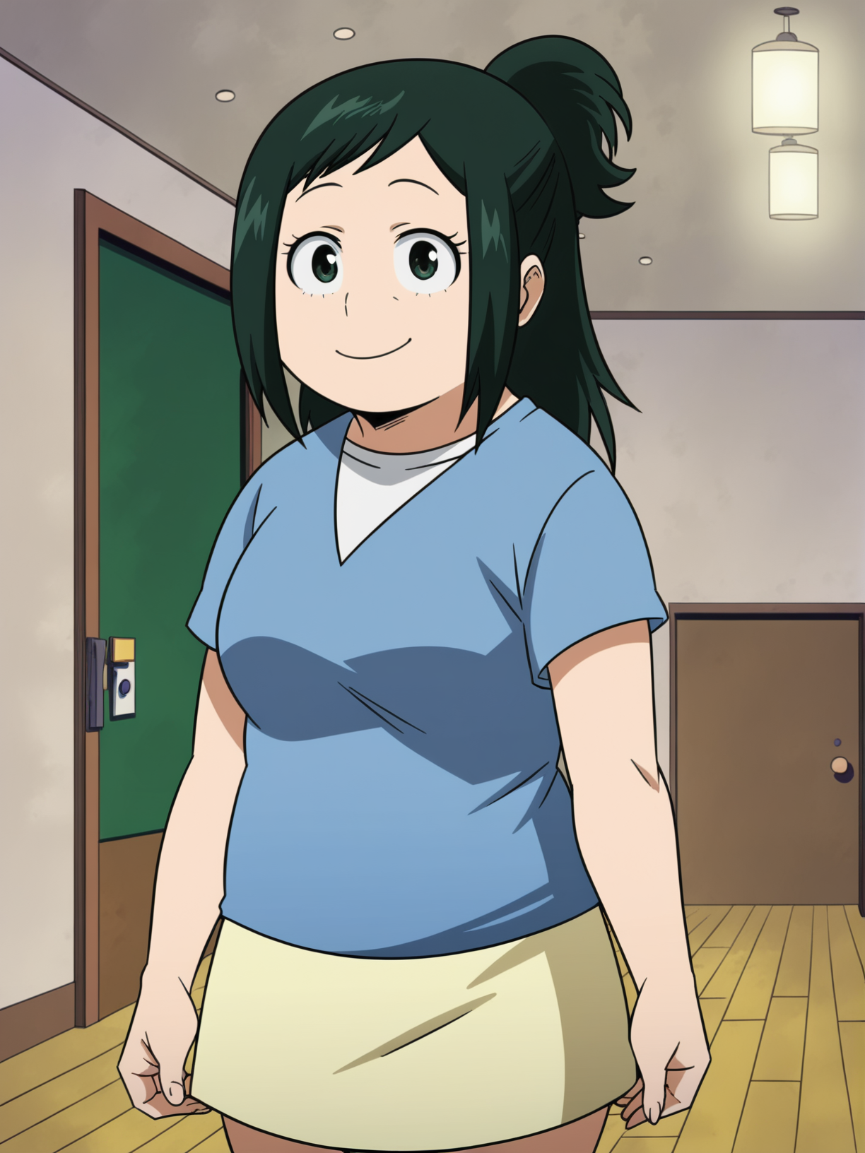 <lora:Inko_Midoriya:1>,inko,1girl,green hair,green eyes,ponytail,shirt,skirt,cowboy shot,standing,looking at viewer,indoors,smile