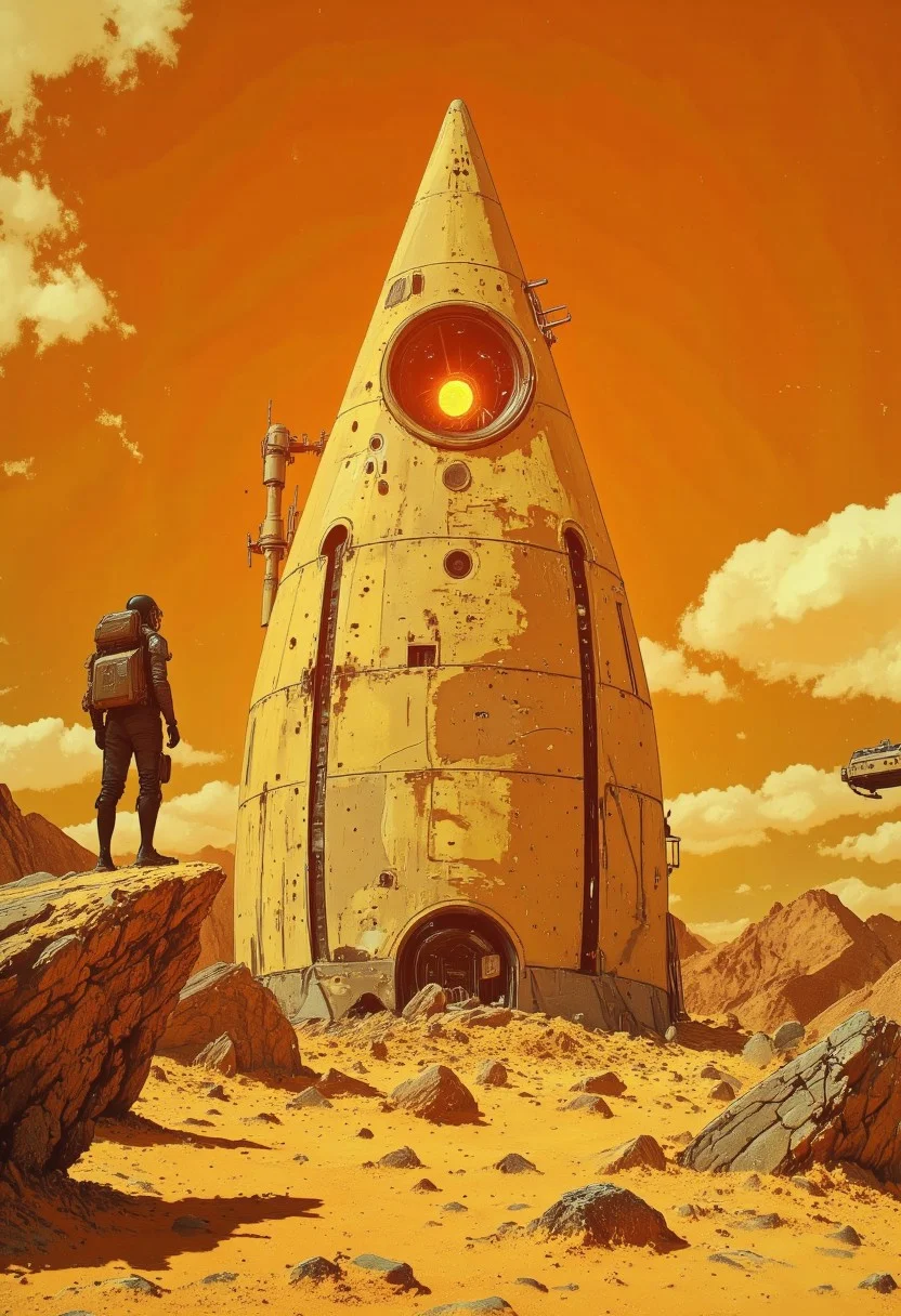 Infrared Photos Style, Imagine a futuristic, desert-like landscape with a sci-fi theme. The central focus is a large, sleek spacecraft with a triangular shape and a smooth, metallic surface, painted in a light beige color. The spacecraft has a large, round cockpit with a bright, glowing orange light emanating from it, suggesting it's active. The cockpit is surrounded by a complex array of sensors, antennas, and control panels. In the foreground, on the left, stands a humanoid figure in a futuristic, armored suit with a helmet, possibly a pilot or a crew member. The figure is silhouetted against the sun, casting a shadow, and appears to be gazing upward at the spacecraft. The background features a vast, arid desert with scattered rocks and a few small, rugged mountains in the distance. The sky is a gradient of warm, golden hues, with fluffy, white clouds scattered across it. Two additional spacecraft, similar in design to the central one, are visible in the background, hovering in the sky. The overall atmosphere is one of awe and anticipation, suggesting a moment of arrival or exploration in a distant, alien world. The atmosphere is serene yet awe-inspiring, with a mystical, almost dreamlike quality. The composition is cinematic, with a sense of scale that emphasizes the sheer grandeur of the ship against the timeless landscape. High detail, ultra-textured, 8K resolution, atmospheric depth, concept art. anime, cyberpunk, DB4RZ, DB4RZ style painting, in the style of cksc