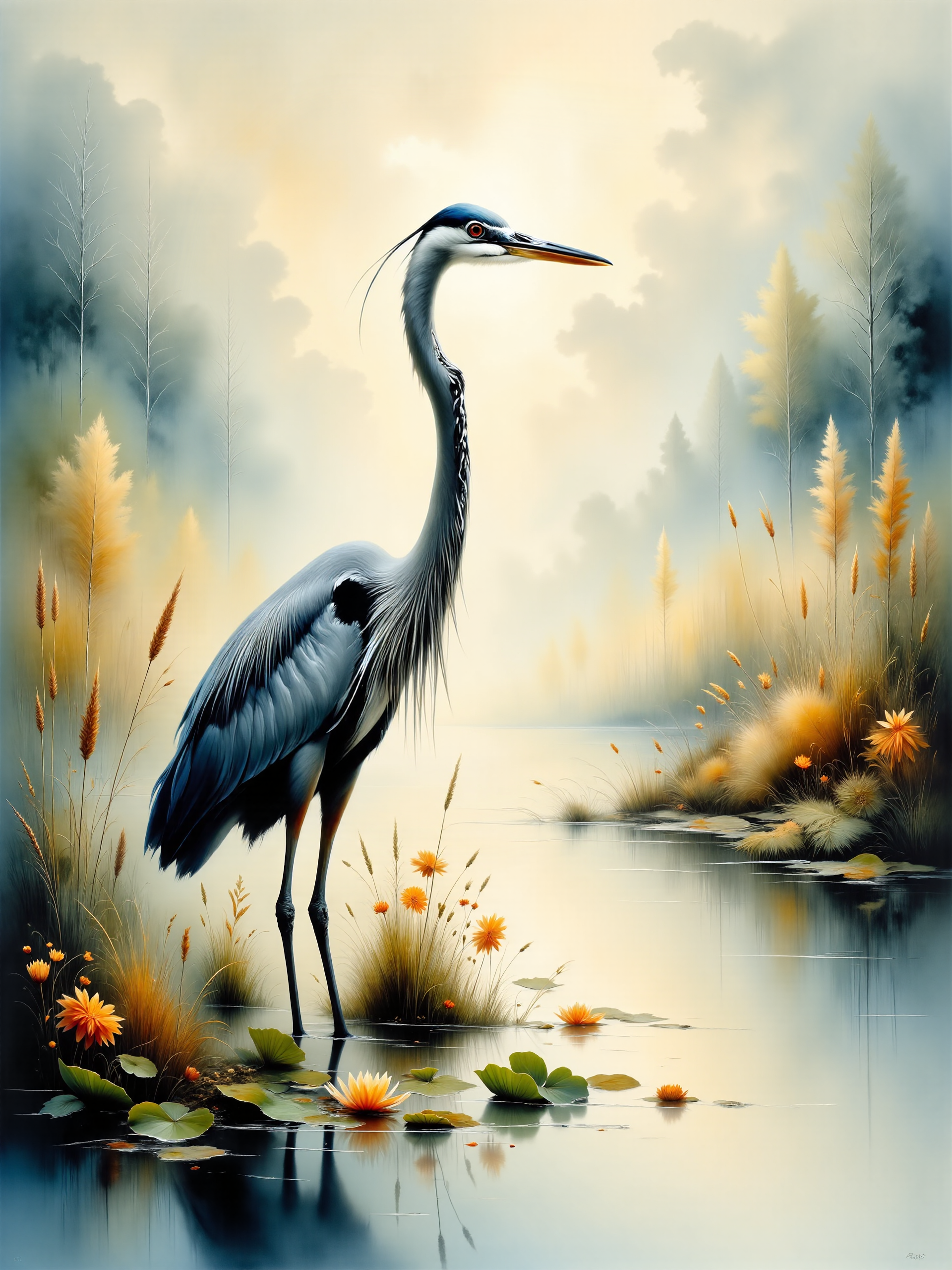 realistic nature illustration, intricately detailed watercolor painting, a serene scene of a great blue heron standing gracefully in the wetlands, the heron is perched in shallow water, its long legs submerged beneath the surface, its sleek body and elegant neck creating a striking silhouette against the soft colors of the surrounding landscape, the bird's feathers are painted in delicate shades of blue-gray, with hints of slate and white, the fine details of its plumage captured in gentle, flowing brushstrokes, in the foreground, the reflective water is dappled with sunlight, its surface rippling around the heron's legs, patches of water lilies and reeds add texture and life, their green leaves and yellow blossoms painted in soft, translucent layers, the background features a sprawling wetlands scene, rich with tall grasses and cattails swaying gently in the breeze, their golden hues complementing the cool blues and greens of the heron and water, beyond the reeds, distant trees blur into soft washes of greens and browns, giving a sense of depth and tranquility to the scene, the sky is a pale watercolor wash of soft blues and hints of warm, late afternoon light, creating a peaceful, natural ambiance, subtle clouds drift across the horizon, adding texture without overpowering the delicate balance of the landscape, the perspective is wide, capturing both the heron and the intricate wetland environment, the low angle places the viewer at water level, emphasizing the majestic presence of the bird, the lighting is natural and soft, with the warm sunlight casting a gentle glow across the scene, enhancing the subtle reflections in the water and the rich textures of the foliage, the overall mood is peaceful and reflective, the watercolor technique lending a delicate, airy quality to the image, with fluid brushstrokes and soft blending creating a harmonious, serene scene of nature at its most graceful, dappled sunlight, crepuscular rays, volumetric lighting, intricate details, quaint, picturesque, painterly, <lora:style-ethereal_grace-flux-by_andreac75:0.9> <lora:image_enhancer-flux-by_dever:0.72>