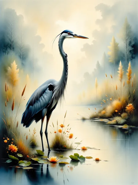 realistic nature illustration, intricately detailed watercolor painting, a serene scene of a great blue heron standing gracefully in the wetlands, the heron is perched in shallow water, its long legs submerged beneath the surface, its sleek body and elegant neck creating a striking silhouette against the soft colors of the surrounding landscape, the bird's feathers are painted in delicate shades of blue-gray, with hints of slate and white, the fine details of its plumage captured in gentle, flowing brushstrokes, in the foreground, the reflective water is dappled with sunlight, its surface rippling around the heron's legs, patches of water lilies and reeds add texture and life, their green leaves and yellow blossoms painted in soft, translucent layers, the background features a sprawling wetlands scene, rich with tall grasses and cattails swaying gently in the breeze, their golden hues complementing the cool blues and greens of the heron and water, beyond the reeds, distant trees blur into soft washes of greens and browns, giving a sense of depth and tranquility to the scene, the sky is a pale watercolor wash of soft blues and hints of warm, late afternoon light, creating a peaceful, natural ambiance, subtle clouds drift across the horizon, adding texture without overpowering the delicate balance of the landscape, the perspective is wide, capturing both the heron and the intricate wetland environment, the low angle places the viewer at water level, emphasizing the majestic presence of the bird, the lighting is natural and soft, with the warm sunlight casting a gentle glow across the scene, enhancing the subtle reflections in the water and the rich textures of the foliage, the overall mood is peaceful and reflective, the watercolor technique lending a delicate, airy quality to the image, with fluid brushstrokes and soft blending creating a harmonious, serene scene of nature at its most graceful, dappled sunlight, crepuscular rays, volumetric lighting, intricate details, quaint, picturesque, painterly, <lora:style-ethereal_grace-flux-by_andreac75:0.9> <lora:image_enhancer-flux-by_dever:0.72>