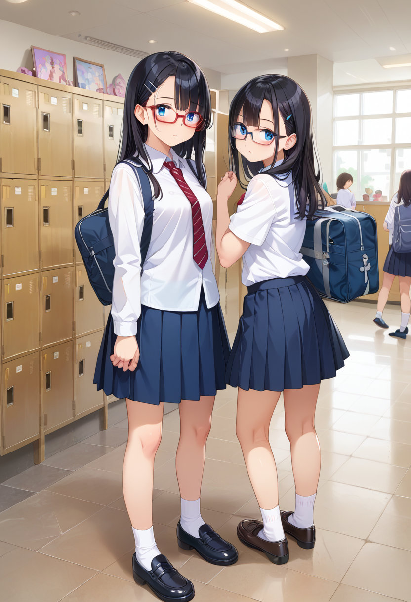 score_9, score_8_up, score_7_up, rating_safe, masterpiece, best quality, absurdres, unity 8k wallpaper, official art, official style, source_anime, uncensored, game cg, megami magazine,
multiple girls, glasses, black hair, long hair, blue eyes, collared shirt, red necktie, pleated skirt, blue skirt, socks, shoes, school bag,
getabako, locker, indoors, school, 
 <lora:gakkou_getabako_PONY_V1:1>