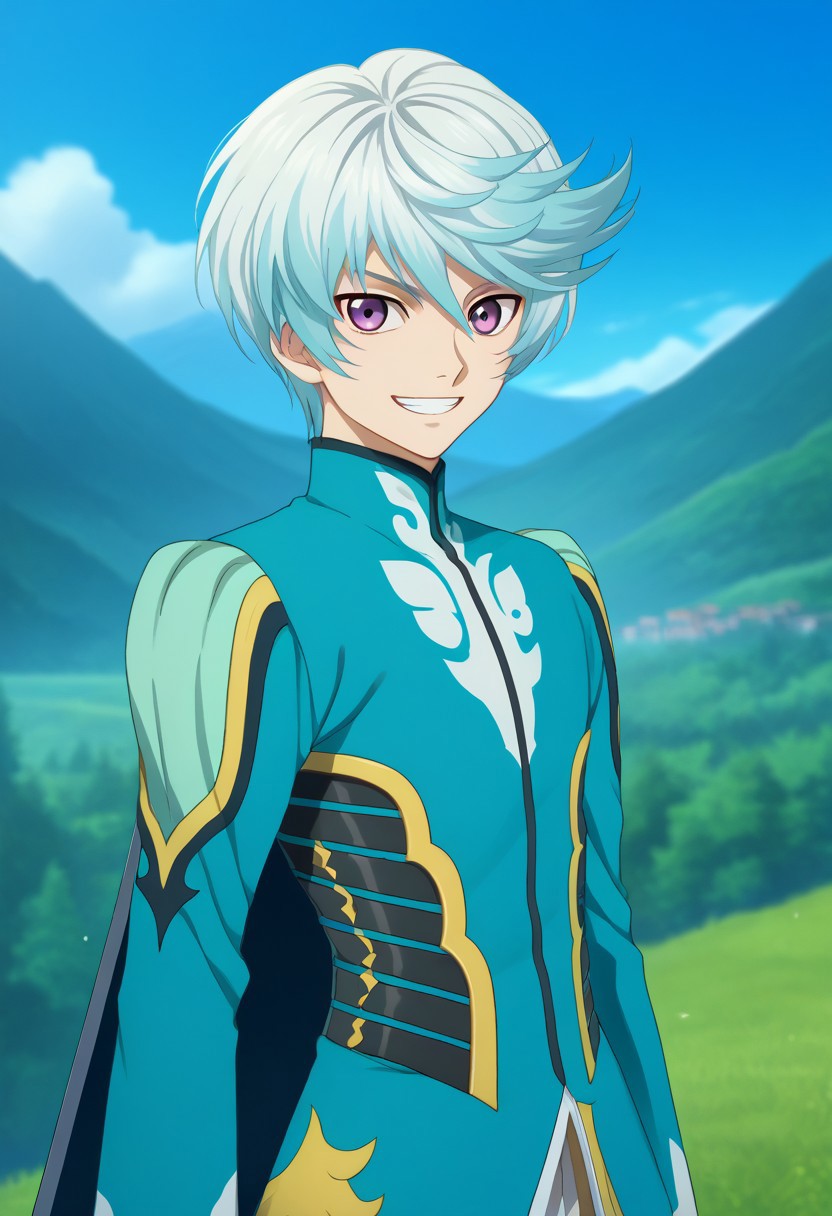 score_9, score_7_up, source_anime
mikleo, 1boy, male focus, solo, purple eyes, blue hair, short hair, swept bangs, jacket, blue jacket, long sleeves, cape, blue cape, smile, grin,
outdoor, mountains, sky,