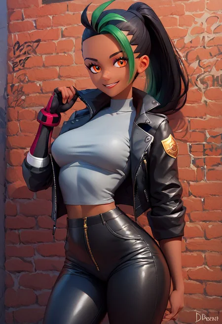 score_9, score_8_up, score_8, medium breasts, (curvy), cute, eyelashes,  
Nemona \(Pokemon\),  black hair, green hair, orange eyes, dark skin, multicolored hair, two-tone hair, hair pulled back, 
leather jacket, leather pants, black jacket, tight pants, black choker, zipper, fingerless gloves, biker clothes, spikes, multiple belts, shiny clothes, high collar, (graffiti:1.2), brick wall, solo, smiling, looking at viewer, cowboy shot,