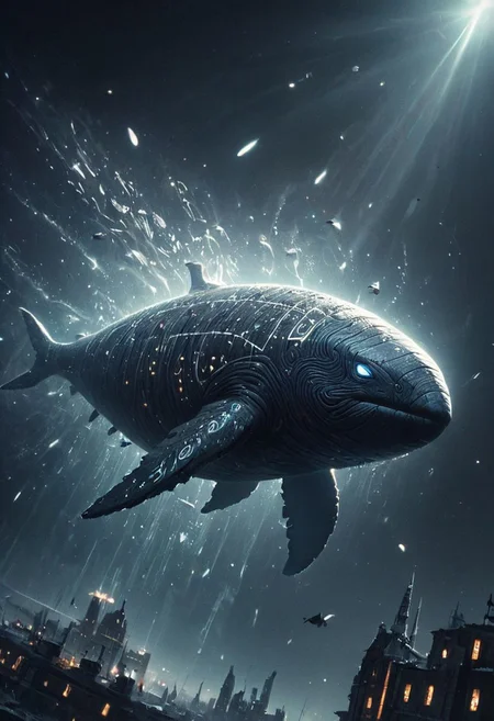 Big enormous giant flying cosmic space whale, flying in space, light rays, mystical, white glowing runes, glowing eyes, carrying city on its back