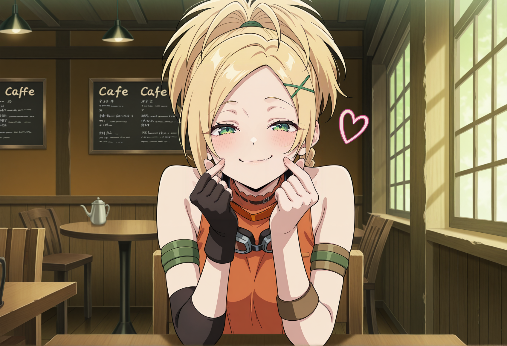 anime screencap, anime screenshot, anime coloring, 1girl, solo, blonde hair, green eyes, medium hair, goggles around neck, ponytail, low tiwn braids, x hair ornament, tube top, asymmetrical armwear, armlet, single elbow pad, single fingerless glove, single elbow glove, upper body, indoors, cafe, sitting, table, smug, half-closed eyes, looking at viewer, finger heart <lora:rikku_illus:1>, masterpiece, best quality, amazing quality, very aesthetic, absurdres, highres, newest