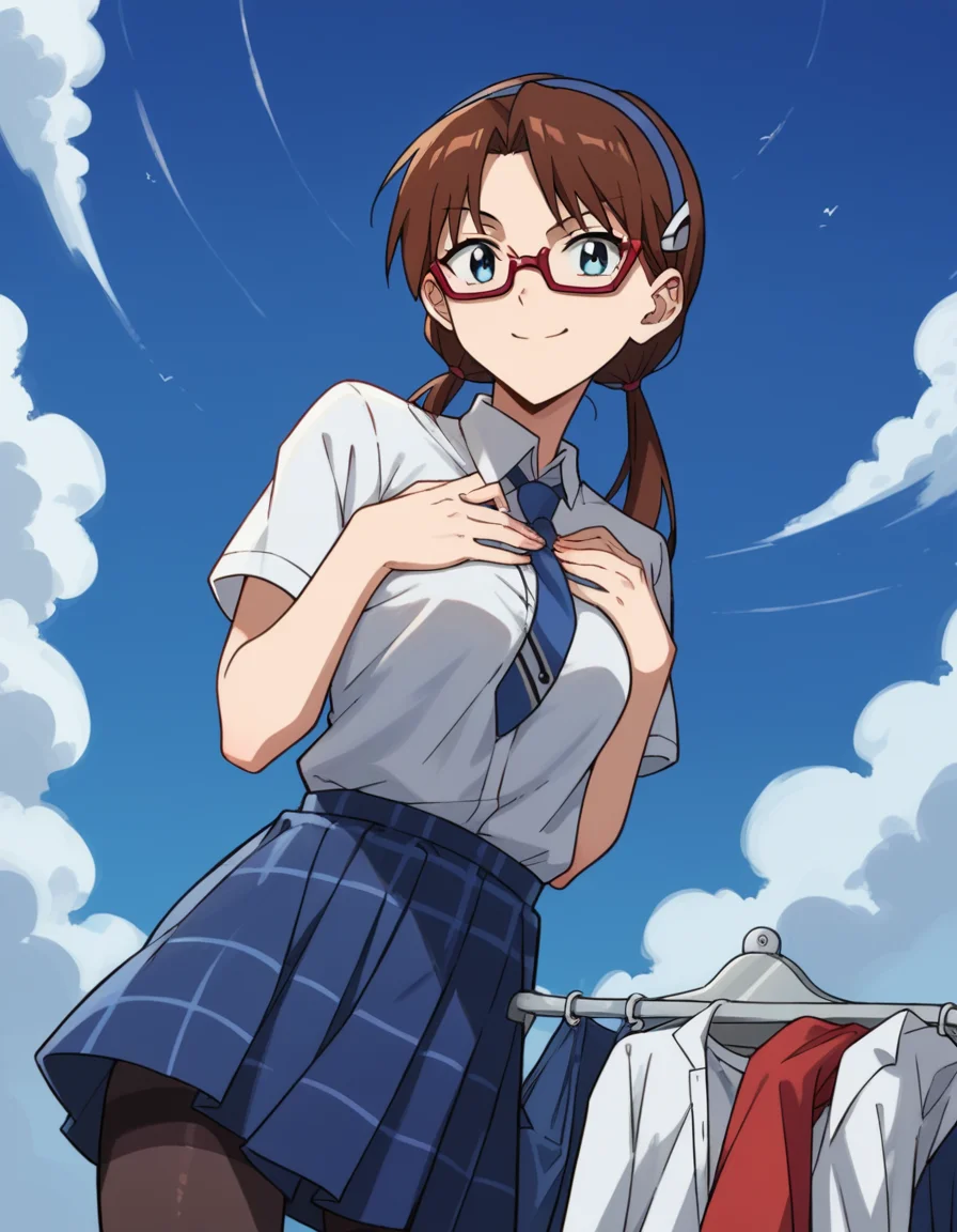 score_9, score_8_up, score_7_up, source_anime, <lora:mari-makinami-rebuild-ponyxl-lora-nochekaiser:1>, mari makinami, long hair, brown hair, twintails, low twintails, hairband, blue hairband, blue eyes, parted bangs, medium breasts,, skirt, thighhighs, school uniform, pantyhose, necktie, plaid, plaid skirt, shirt, white shirt, collared shirt, short sleeves,  glasses, opaque glasses,, laundry day, clothesline, drying clothes, domestic life, fresh air, blue sky, , , hands on own chest, smile, solo,, cowboy shot, dutch angle