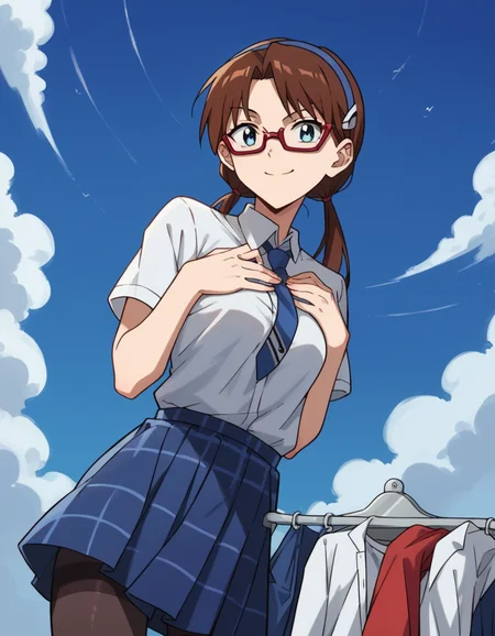 score_9, score_8_up, score_7_up, source_anime, <lora:mari-makinami-rebuild-ponyxl-lora-nochekaiser:1>, mari makinami, long hair, brown hair, twintails, low twintails, hairband, blue hairband, blue eyes, parted bangs, medium breasts,, skirt, thighhighs, school uniform, pantyhose, necktie, plaid, plaid skirt, shirt, white shirt, collared shirt, short sleeves, glasses, opaque glasses,, laundry day, clothesline, drying clothes, domestic life, fresh air, blue sky, , , hands on own chest, smile, solo,, cowboy shot, dutch angle
