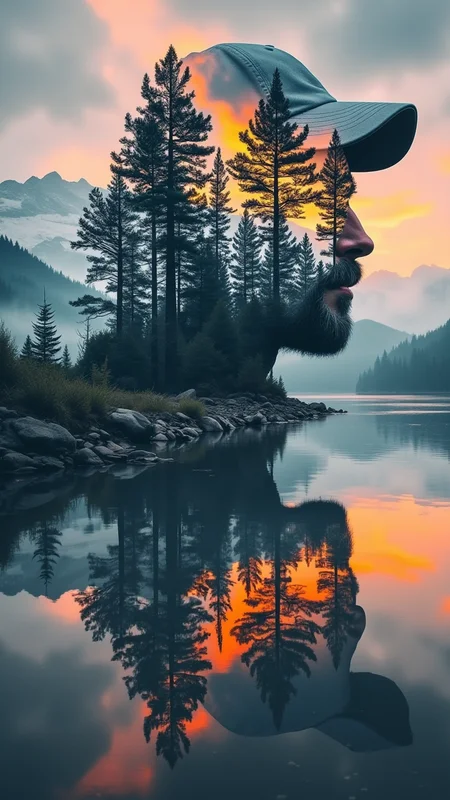 A captivating double exposure portrait featuring a bearded man wearing a baseball cap, seamlessly merged with a breathtaking natural landscape. The scene showcases a tranquil lake reflecting towering pine trees under a dramatic sky infused with fiery orange and deep blue hues, suggestive of either sunrise or sunset. The mountains in the background are shrouded in soft mist, enhancing the atmospheric depth. Focus on hyperrealistic details in the man's silhouette, with vibrant, warm colors contrasted against cooler shades, creating an ethereal, dreamlike quality. The interplay of nature and human form evokes a sense of adventure and serenity, capturing a moment of introspection amidst the wild.  bo-exposure, double exposure,