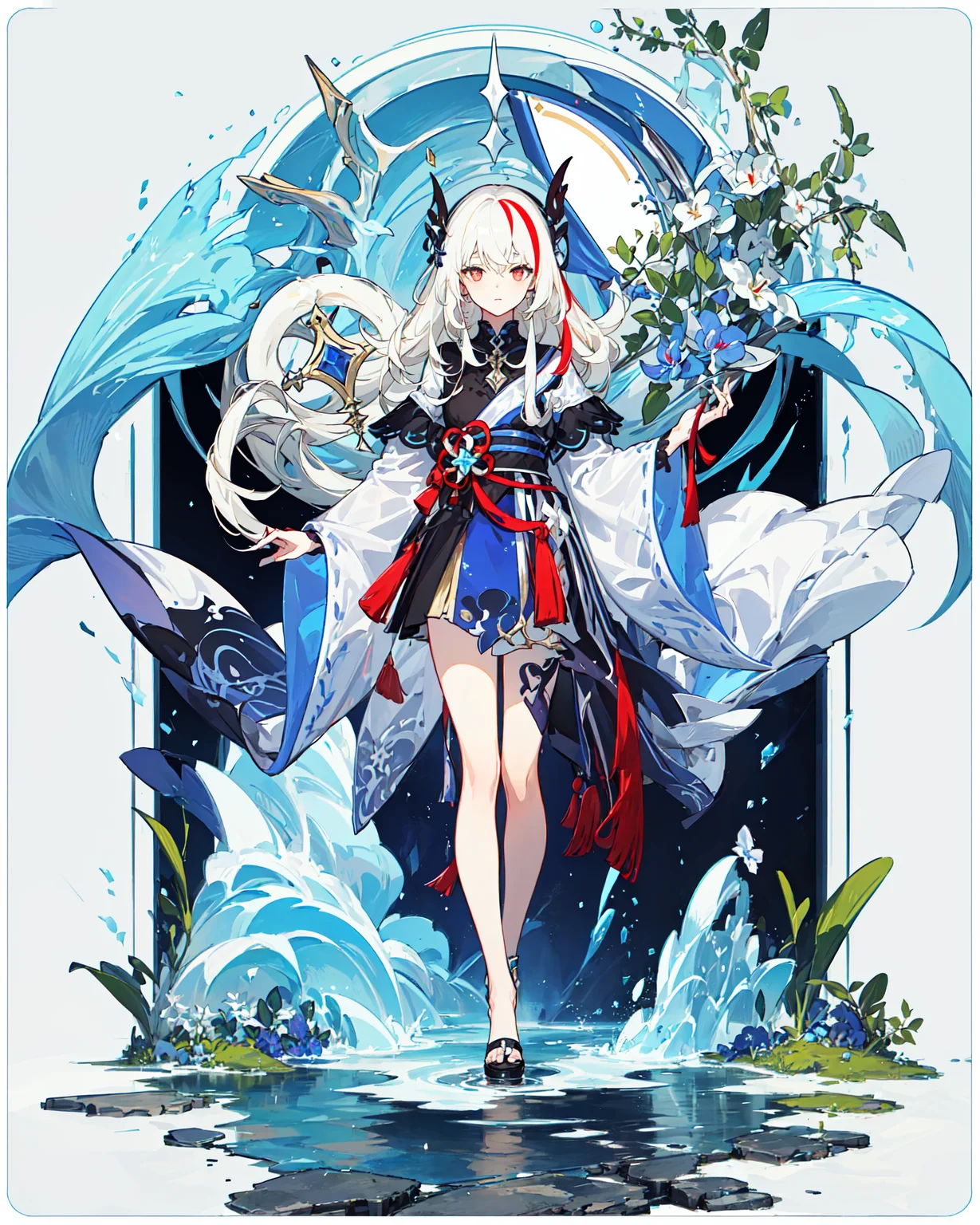 ((masterpiece)), ((high detail)), 1girl, ((ultra-detailed)),((delicate face)), Beautiful detailed eyes, (White blonde hair in gradations with red highlights,gradient hair),long hair, floating hair, ,hairs between eyes, GSHead,1girl ,solo,red eyes,genshin_impact,look at the viewer, <lora:gsr:0.7>,((full_body,distant view)), ((white background)), (Tarot cards border, outside border), Highly reflective mirror-like water underfoot,Step on the lake,<lora:tachi-e:1>,Wide Angle shot, strong light and shadow, cinematographic lens