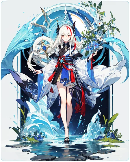 ((masterpiece)), ((high detail)), 1girl, ((ultra-detailed)),((delicate face)), Beautiful detailed eyes, (White blonde hair in gradations with red highlights,gradient hair),long hair, floating hair, ,hairs between eyes, GSHead,1girl ,solo,red eyes,genshin_impact,look at the viewer, <lora:gsr:0.7>,((full_body,distant view)), ((white background)), (Tarot cards border, outside border), Highly reflective mirror-like water underfoot,Step on the lake,<lora:tachi-e:1>,Wide Angle shot, strong light and shadow, cinematographic lens