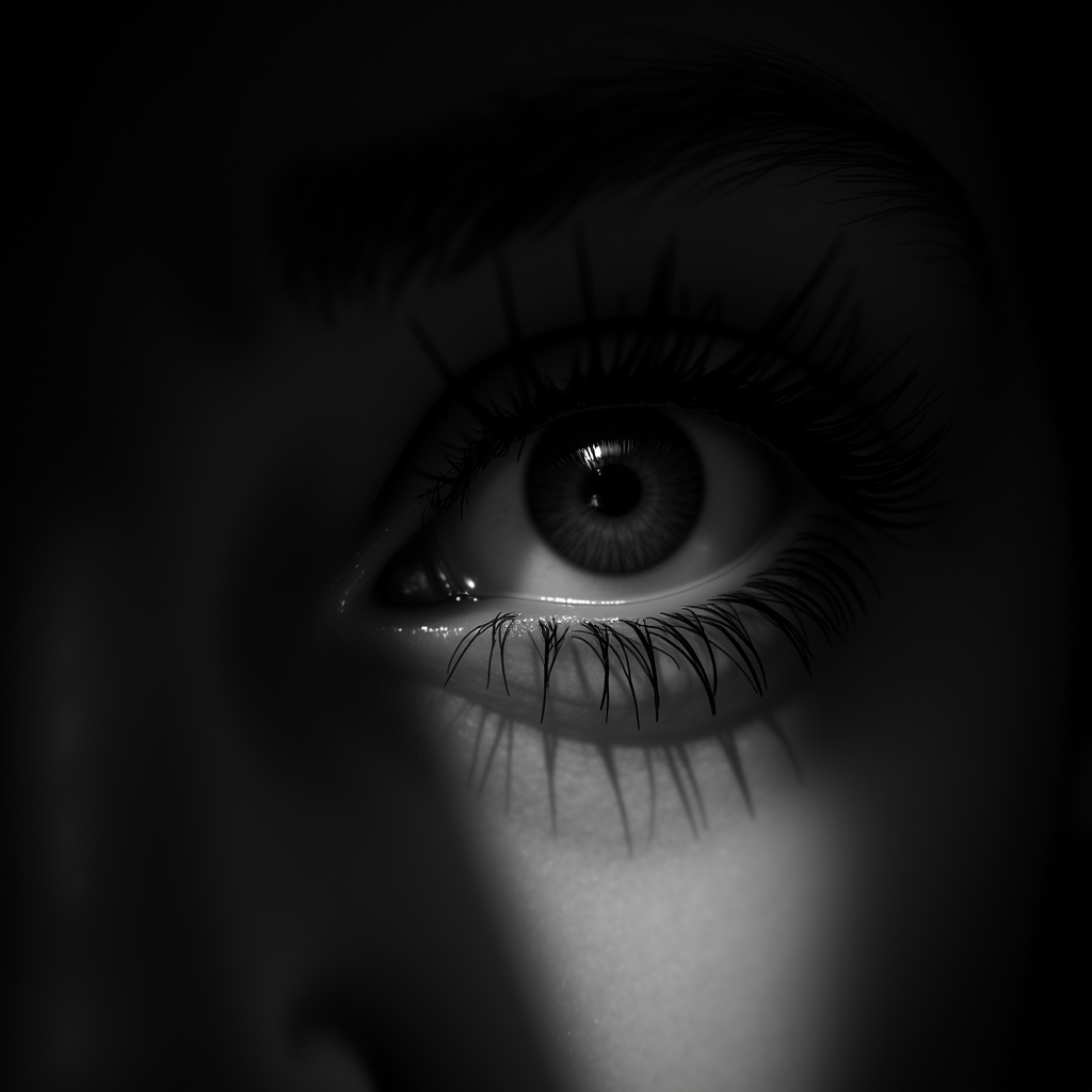 <lora:Chiaroscuro Lighting Style v1:1>
Chiaroscuro Lighting Style of a close up of a person's eye with long eyelashes, sharp, detailed, perfect, perfection, realism, cinematic exposure, cinematic color, cinematic contrast, dramatic style, cinematic style, dramatic shadow, partially covered in shadow, Chiaroscuro Lighting Style, solo, looking at viewer, monochrome, greyscale, no humans, slit pupils, close-up, reflection, eye focus, 1boy, male focus, eyelashes, guts (berserk), eye reflection