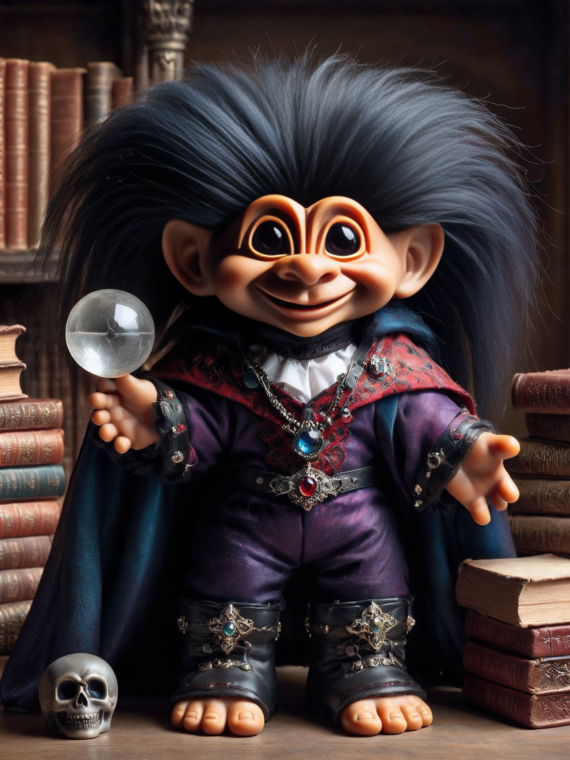 ais-trollz vampire, showcasing a cunning grin with sharp fangs, eyes twinkling with ancient knowledge and a hint of playful mischief, holding a crystal orb, in a grand library brimming with ancient books and mystical artifacts. Detailed, ornate boots peeking from beneath the cloak, adding to the mystique <lora:Trollz_2:1>