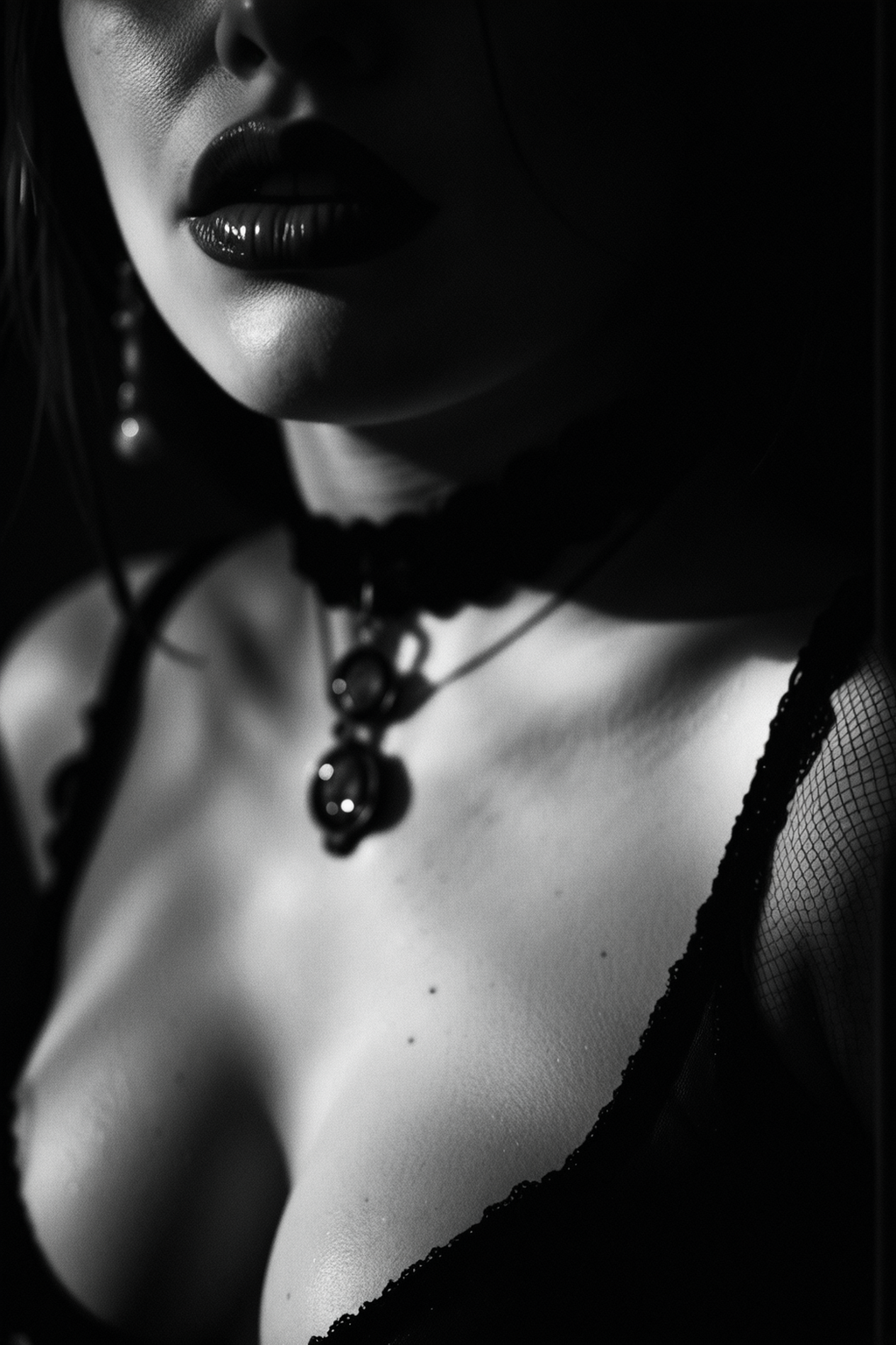 Photo of a woman, (lips, horny sensual smirk), Captured with a 35mm lens, wearing a sheer black outfit, choker, the composition is highly detailed, luminous, ((nipple outline, breast focus, small perky breasts)), emotional, provocative lighting, (b&w, Monochromatic, Film Photography:1.3),  Photorealistic, Hyperrealistic, Hyperdetailed, film noir, analog style, soft lighting, subsurface scattering, realistic, heavy shadow, masterpiece, best quality, ultra realistic, 8k, golden ratio, Intricate, High Detail, film photography, soft focus, 3/4 view