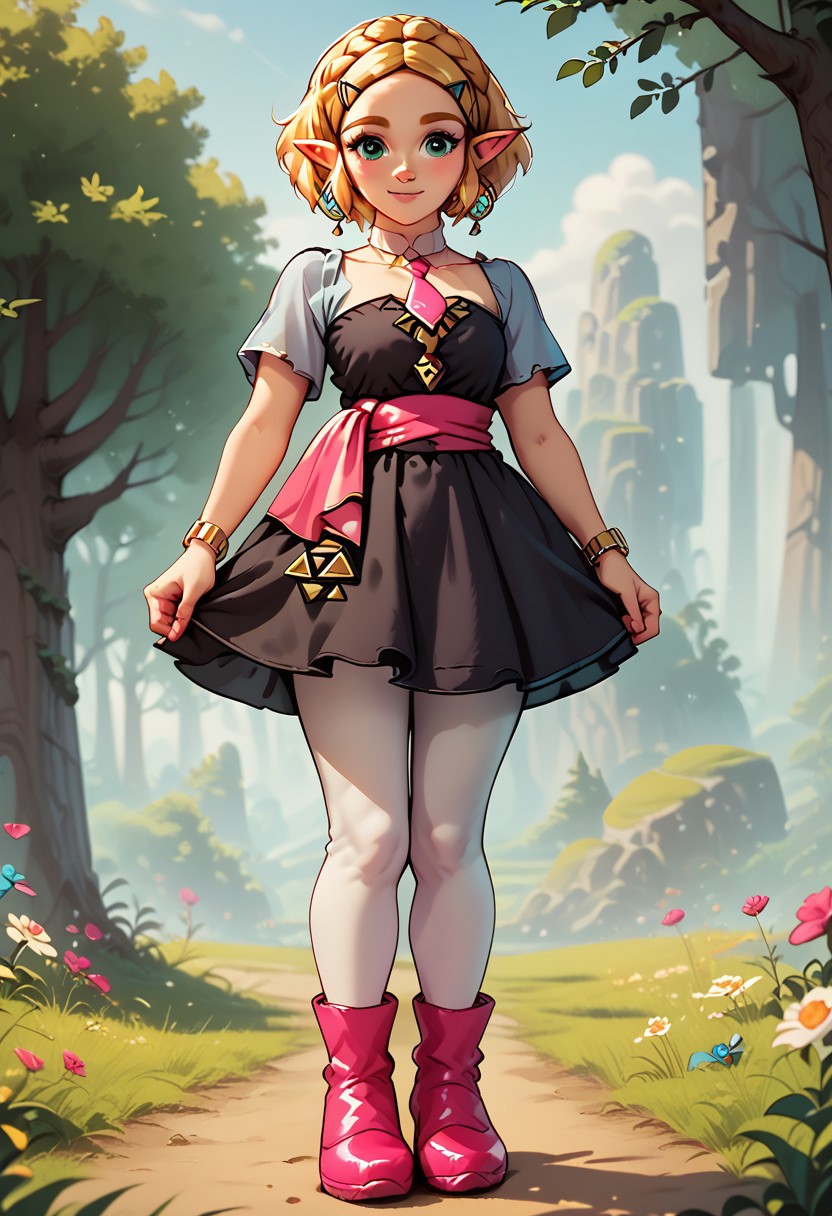 score_9, score_8_up, score_7_up, score_6_up, score_5_up, score_4_up ,(zeldak1ck1x 1.2), very cute, fuzzy,)), 1girl,  
 Tags black dress, short sleeves, white pantyhose, pink boots, pink necktie, pink sash, arsonicxoutift