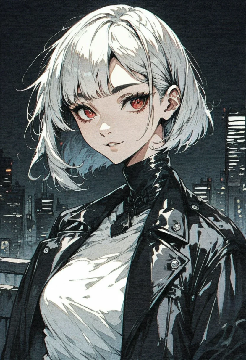 score_9, score_8_up, score_7_up, <lora:Xenotrip_v.2:1> xenotr1p, selective red color, colored, 1girl, solo, perfect face, cute face, black eyeliner, long eyelashes, [red eyes:0.7], white asymmetric bob hair, wearing leather jacket, white shirt, slim, upper body, city black background