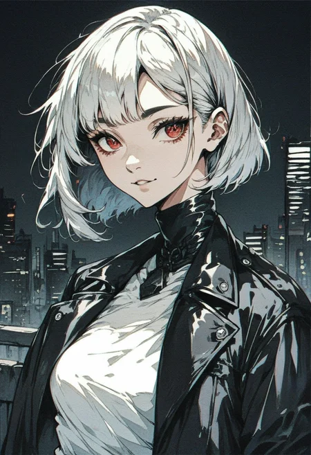 score_9, score_8_up, score_7_up, <lora:Xenotrip_v.2:1> xenotr1p, selective red color, colored, 1girl, solo, perfect face, cute face, black eyeliner, long eyelashes, [red eyes:0.7], white asymmetric bob hair, wearing leather jacket, white shirt, slim, upper body, city black background