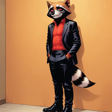 score_9, score_8_up, score_8, score_7, source_comic, source_furry, Rocket(AL), Solo, 1boy, anthro, furry male, raccoon, raccoon boy, brown and black fur, white snout, black nose, red eyes, raccoon tail, suit, black jacket, red collar shirt, black pants, black loafers, looking at viewer, full body, standing, hands in pockets, smile, leaning against wall, orange background,