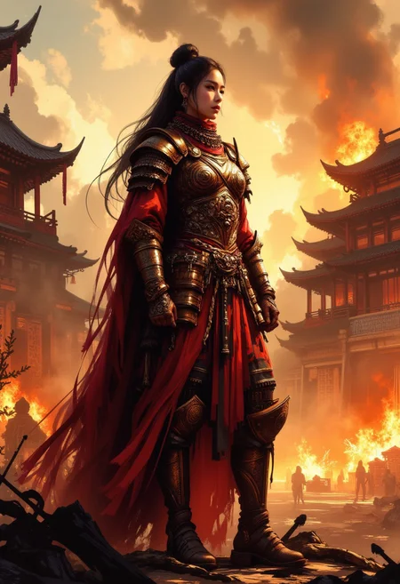 inksketch, A digital painting in the style of ck-js,  portrait of a stunning chinese bronze age warrior woman, bronze armor, leather greek style warrior skirt, greaves, standing in front of burning bronze age town
