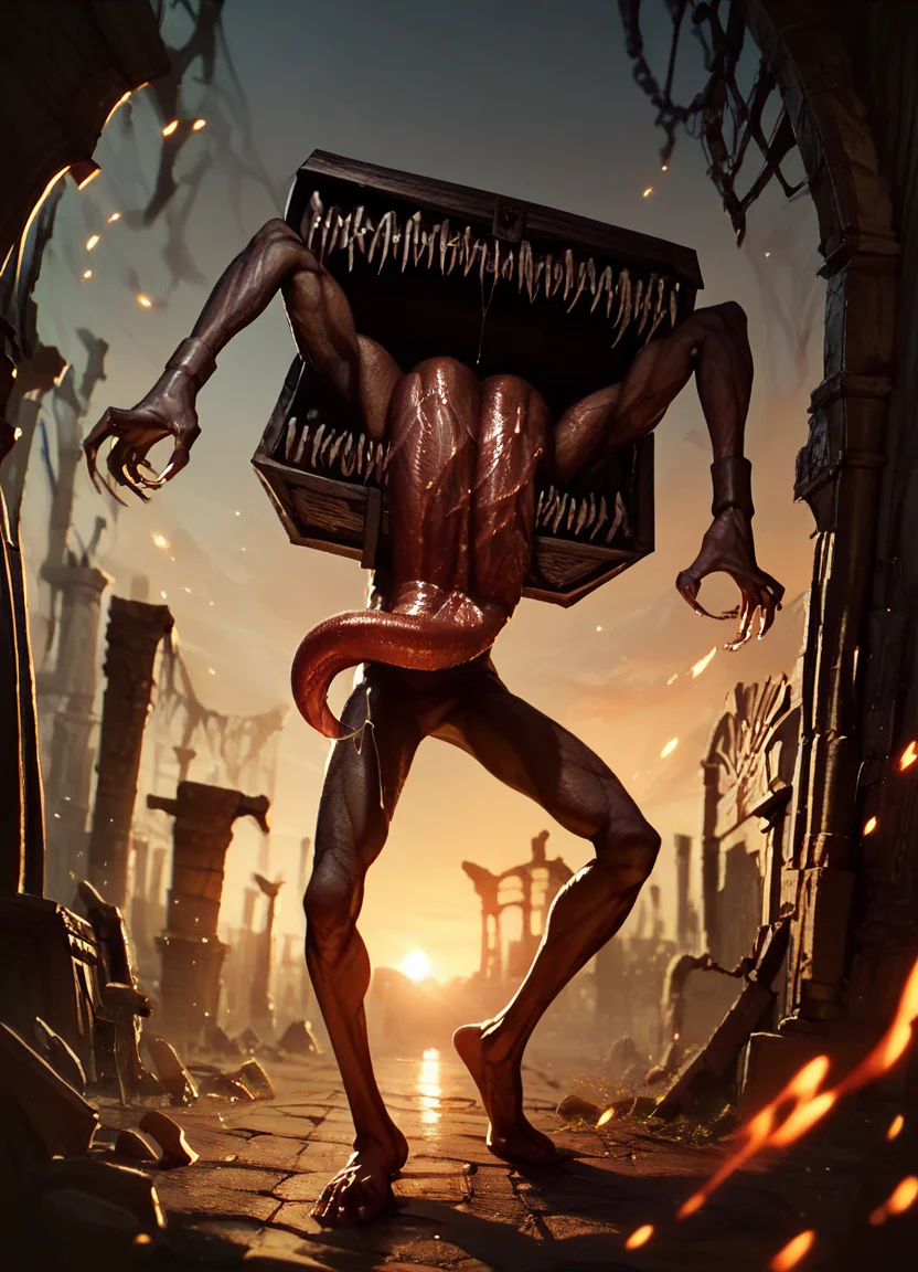 score_9, score_8_up, score_7_up, score_6_up, score_5_up, score_4_up, mimic dark souls monster standing, long tongue saliva, sharp teeth male solo barefoot, (red_sky sunset:1.5) dramatic_lighting embers ruins <lora:LandscapeFixer:0.5> <lora:Mimic__Dark_Souls__PonyXL:1.0>