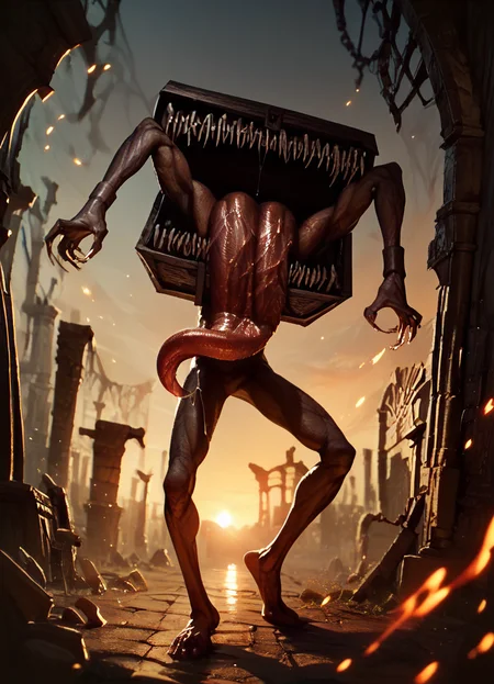score_9, score_8_up, score_7_up, score_6_up, score_5_up, score_4_up, mimic dark souls monster standing, long tongue saliva, sharp teeth male solo barefoot, (red_sky sunset:1.5) dramatic_lighting embers ruins <lora:LandscapeFixer:0.5> <lora:Mimic__Dark_Souls__PonyXL:1.0>