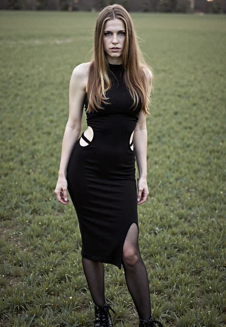 fine art photography, cinematic portrait, young woman, narrow waist, long light-brown hair, full hips, standing, piercing eyes, soft natural lighting, muted color tones, black form-fitting dress with cut-out details on the sides, The dress has a high neckline and is mid-length, reaching just above her knees, She is also wearing black, lace-up high-heeled shoes and black stockings, moody aesthetic, full body shot, candid expression, subtle grain, shallow depth of field, retro ambiance, warm skin tones, outdoor setting, artistic composition, timeless style, nostalgic atmosphere, soft focus edges. <lora:Xevbell_Rank_1_FAST_4x_GPU:1.0>
