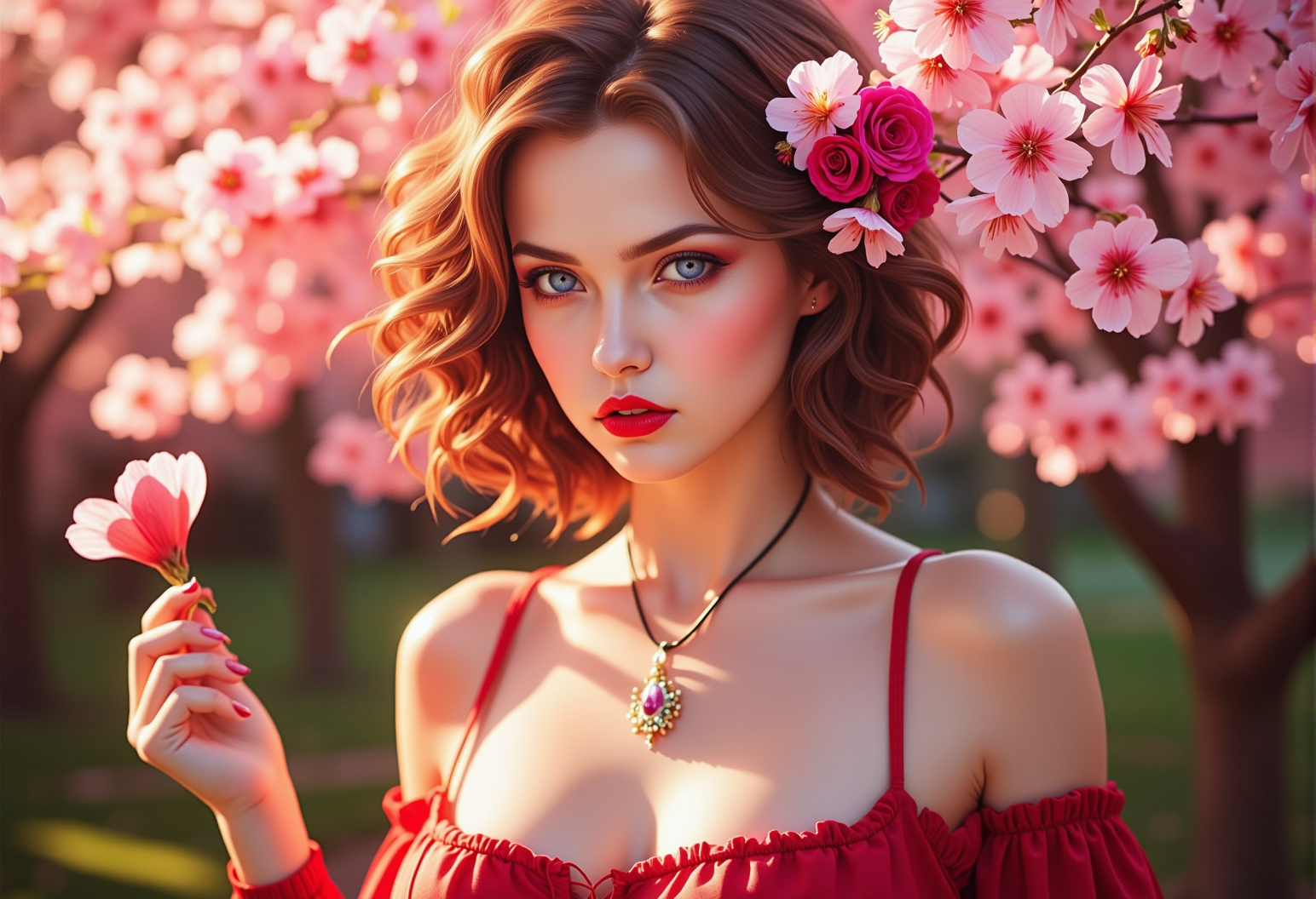 bv-betdigpor. A young woman with vibrant expressions at a traditional Japanese cherry blossom festival. The scene is illuminated by golden hour light. The young woman is holding or displaying a clear sign that reads "Better Digital Portraits", in a necklace pendant. The image has a "Better Digital Portraits" aesthetic, focusing on flawless skin, vibrant colors, and deep contrasts. , <lora:bv-better-digital-portrait.safetensors:1.0:1.0>