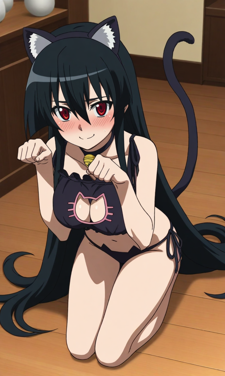 masterpiece, best quality, high resolution, absurdres, 1girl, akame, red_eyes, black_hair, very_long_hair, hair_between_eyes, medium_breasts, cat_lingerie, fake_animal_ears, cat_tail, looking_at_viewer, paw_pose, embarrassed, smile, closed_mouth, wavy_mouth, indoors, kneeling