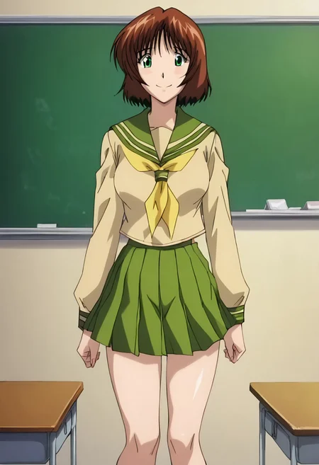 PonyXLV6_Scores, <lora:Fine_Anime_Screencap-PonyV2:1> fine anime screencap_xl, anime screencap, amazing quality, very aesthetic, absurd resolution, masterpiece, 4k resolution, perfect anatomy, perfect eyes, (hand with four fingers and one thumb), BREAK 1girl, 3/4 body shot, <lora:Classroom of Atonement-7:1>, NanaseCoA, short hair, brown hair, green eyes, medium breasts, perky breasts, slim body, perky ass, standing, sultry face, looking at viewer, Smile, Closed mouth, (serafuku, green sailor collar, yellow neckerchief, (lime green shirt, long sleeves,), (green skirt, pleated skirt,), ), breast focus, BREAK (classroom, chalkboard, desks, chairs, no men, 1girl, solo,),
