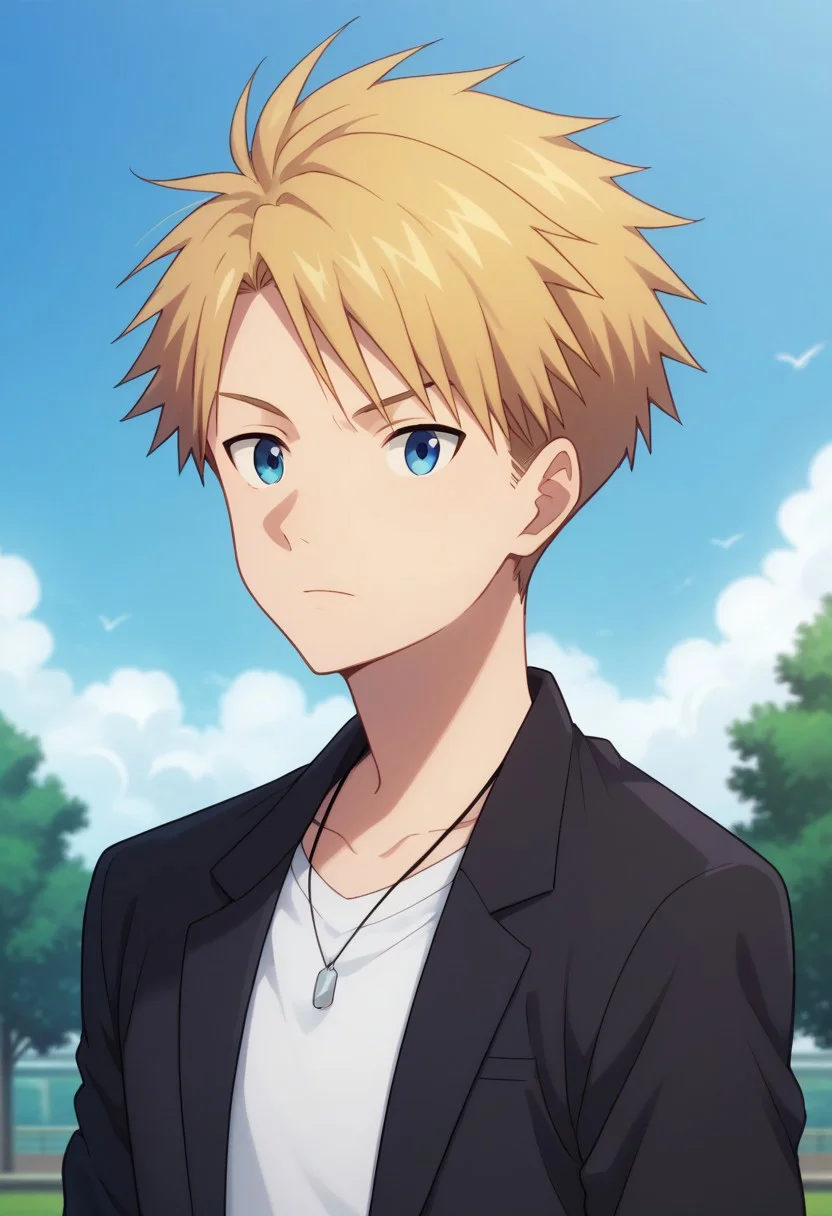 score_9, score_8_up, score_7_up, source_anime, highly detailed, 
yamakizu, 1boy, male focus, solo, blonde hair, upper body, short hair, blue eyes, open clothes, jacket, black jacket, shirt, white shirt,
outdoor, sky, tree