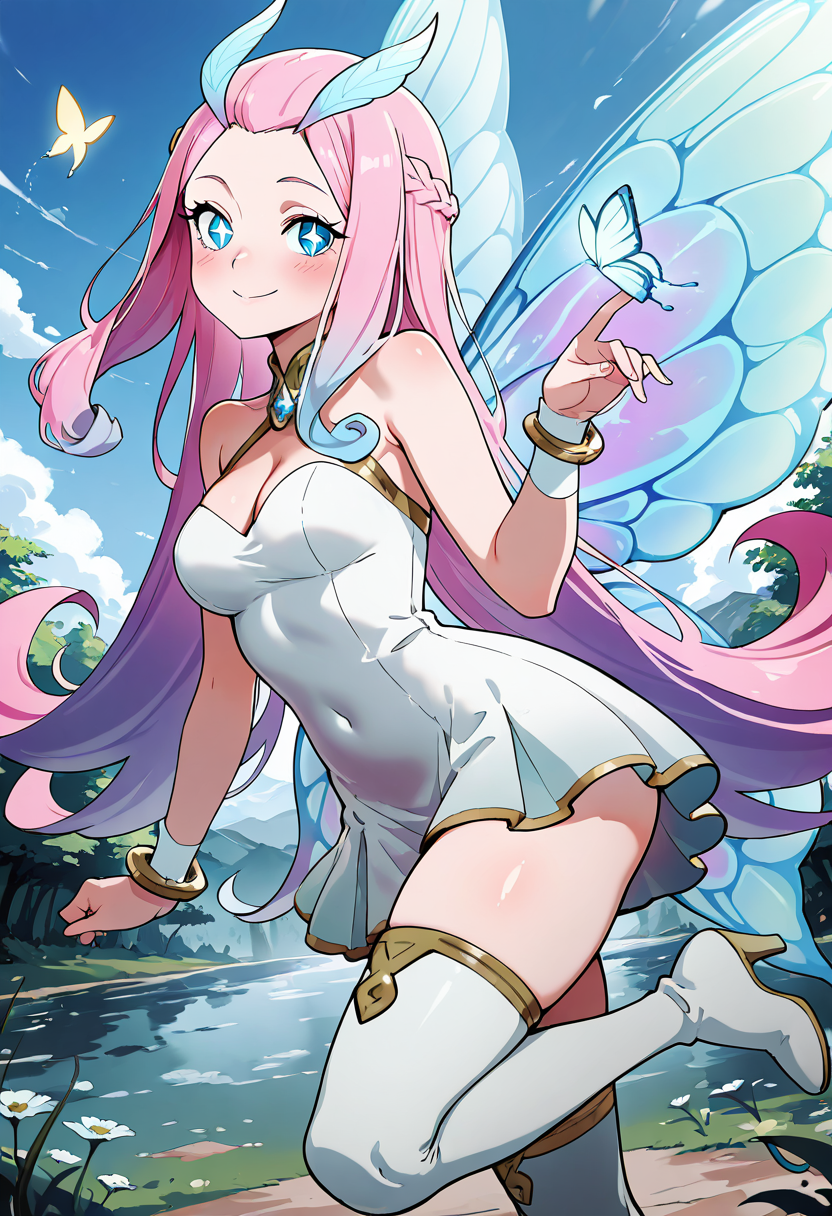masterpiece, best quality, 1girl, solo, eyelashes, (beautiful eyes),   zzTasi, blue eyes, long hair, multicolored hair, pink hair,   blush, smile, thighhighs, dress, cleavage, bare shoulders, jewelry, medium breasts, very long hair, boots, outdoors, wings, white dress, high heels, bracelet, symbol-shaped pupils, thigh boots, white footwear, standing on one leg, bug, butterfly, nature, + +, rainbow  <lora:TasiAFK_IXL:1.0>,