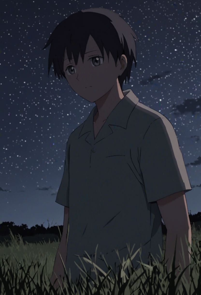 Highres, Masterpiece, High Quality, 4K, 8K, solo, 1Boy, Takaki Toono, adult, black hair, short hair, grassland, no light pollution, bush, nature, calm, peaceful, night breeze, breeze, awe, dim, easynegative, detailed_eye_model