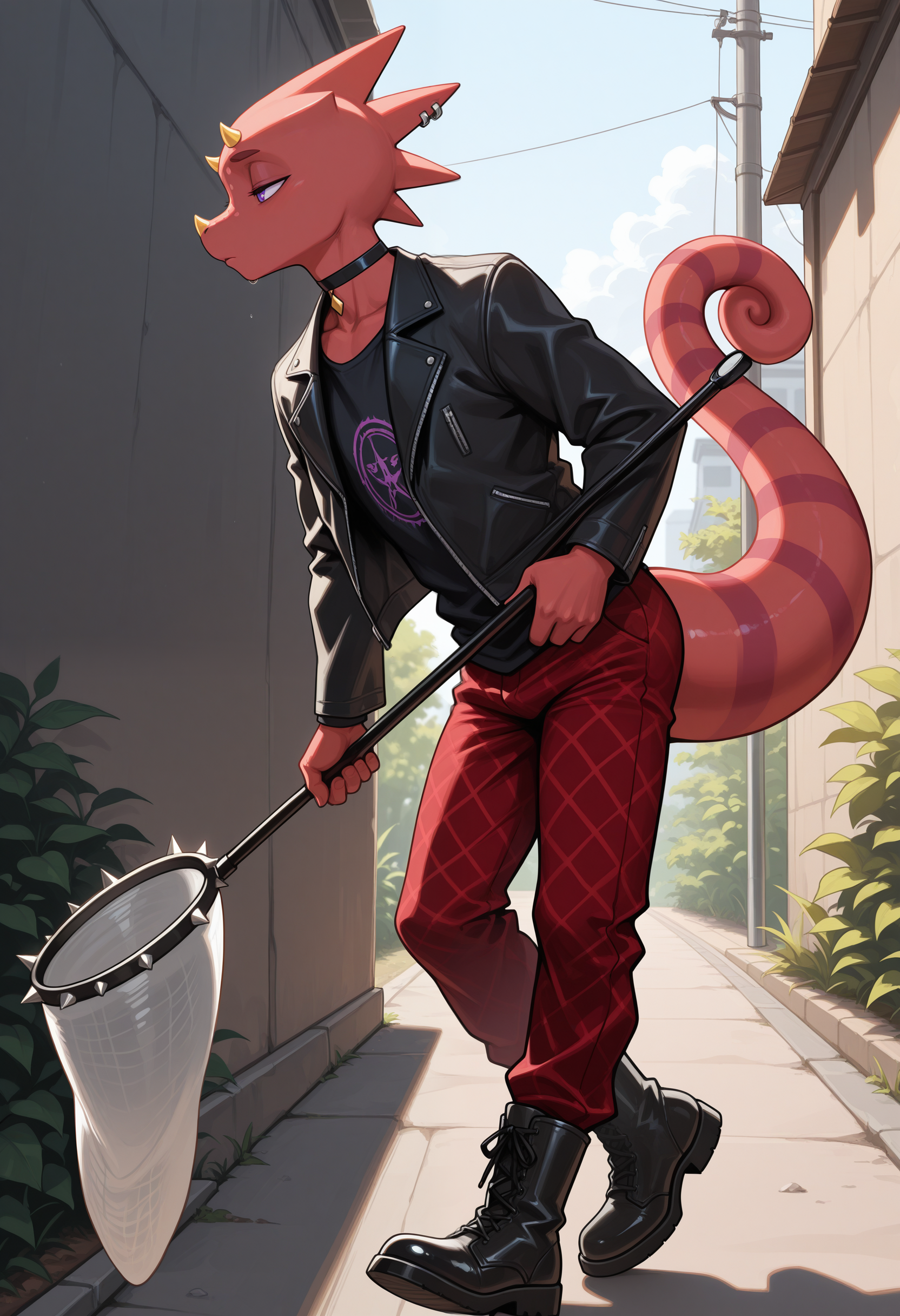 masterpiece,best quality,amazing quality, 1boy, solo, 1boy, solo, fl1ck, red skin, reptile boy, black choker, silver earrings, black shirt, black jacket, red plaid pants, black boots, purple eyes, striped tail, half closed eyes, holding butterfly net, outdoors