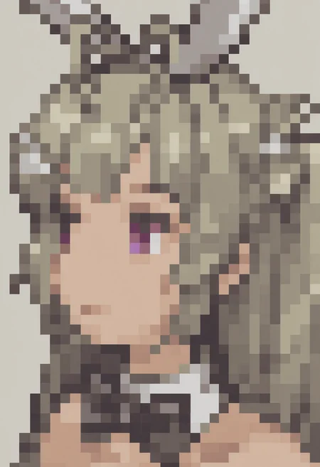 masterpiece, best quality, solo, 1girl, looking at viewer, <lora:FFT-Portraits-illus_Fp:1>, pixel art, portrait, simple background, <lora:soda-nikke-richy-v1_ixl:1>, sdby, purple eyes, green hair, long hair, bangs, two side up, antenna hair, fake animal ears, hair ornament, detached collar, black bowtie, playboy bunny, black leotard,