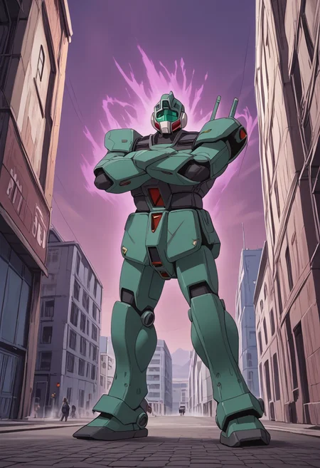 score_9, score_8_up, score_7_up, source_anime, cowboy shot, front view, BREAK, ( gm_cold_districts_type, teal gm, standing, 2 mechs, 2 gm, teal mech, mech focus, 2 giant gm, arms crossed, aura,) BREAK, buildings