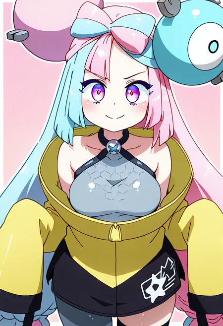 (masterpiece, best quality, good quality, very aesthetic, absurdres, newest:1.2), (curvy, medium breasts), zzIono, solo, 1girl, long hair, pink eyes, blue hair, pink hair, light blue hair, multicolored hair, bow-shaped hair, yellow jacket, sleeves past fingers, single leg pantyhose, thigh strap, <lora:IonoPokemon_NAI:1.0>,, smile, looking at viewer, cowboy shot, ,<lora:IshuzokuReviewersNAI:1.0>,