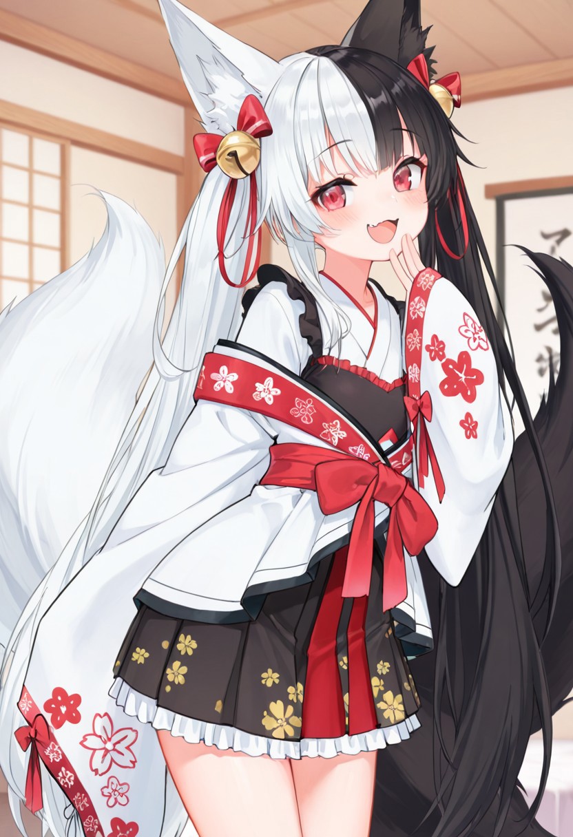 best quality,amazing quality,masterpiece,beautiful detailed eyes,bedroom,solo,perfect body,bright face,looking at viewer,caress,big eyes,mellow body,ruddy skin,dynamic pose,Alice Mana,happy,open mouth,smile,1 girl,proud expression,flat chest,tiny body,petite body,standing,(focus girl:2),negative_hand-neg, hair bell, animal ears, multicolored hair, white hair, tail, sleeves past wrists, red eyes, bell, virtual youtuber, black hair, :d, two-tone hair, smile, long hair, twintails, bow, hair ornament, animal ear fluff, looking at viewer, japanese clothes, fox ears, sleeves past fingers, very long hair, fox tail, red bow, frills, fangs, kimono, long sleeves, hair bow, skirt, bangs, jingle bell, fox girl, open mouth, indoors, split-color hair, blush, frilled skirt, pleated skirt,fang,smug,hand holding mouth