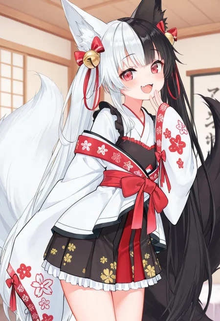 best quality,amazing quality,masterpiece,beautiful detailed eyes,bedroom,solo,perfect body,bright face,looking at viewer,caress,big eyes,mellow body,ruddy skin,dynamic pose,Alice Mana,happy,open mouth,smile,1 girl,proud expression,flat chest,tiny body,petite body,standing,(focus girl:2),negative_hand-neg, hair bell, animal ears, multicolored hair, white hair, tail, sleeves past wrists, red eyes, bell, virtual youtuber, black hair, :d, two-tone hair, smile, long hair, twintails, bow, hair ornament, animal ear fluff, looking at viewer, japanese clothes, fox ears, sleeves past fingers, very long hair, fox tail, red bow, frills, fangs, kimono, long sleeves, hair bow, skirt, bangs, jingle bell, fox girl, open mouth, indoors, split-color hair, blush, frilled skirt, pleated skirt,fang,smug,hand holding mouth