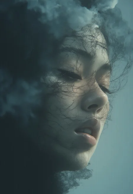 Eye liner, film grain, Korean Model, smoky ethereal face, grey and blue, color makes an outline of his face in the hazy smoke, one point source of light , diffused around the smoke, watery like appearance, mixed theme portrait, By Tom Nulens