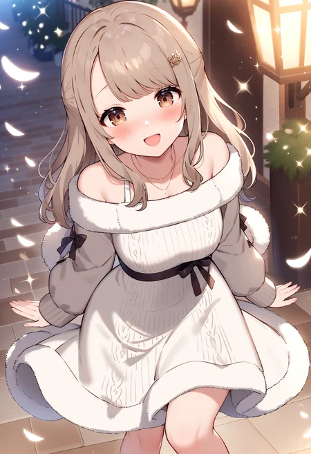 <lora:Animagine_Style5726786029:0.8>, 1girl, solo, bangs, blush, looking at viewer, indoors, outdoors, best quality, :d, brown eyes, dress, falling petals, feet out of frame, fur trim, hair ornament, hairclip, jewelry, light blush, light brown hair, necklace, off-shoulder sweater, ribbon, sleeveless, sleeveless dress, smile, sparkle, standing, white dress