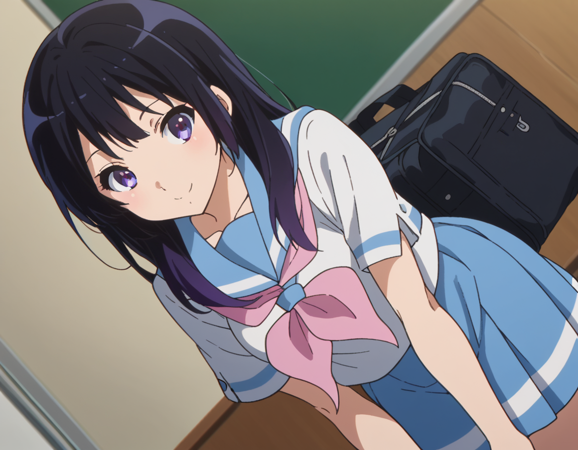 score_9, score_8_up, score_7_up, source_anime,
reinakousaka, <lora:reina-kousaka-ponyxl-lora-nochekaiser:1>,
reina kousaka, long hair, bangs, black hair, purple eyes,
skirt, shirt, school uniform, white shirt, short sleeves, pleated skirt, serafuku, sailor collar, blue skirt, neckerchief, blue sailor collar, school bag, pink neckerchief, kitauji high school uniform,
indoors, classroom, bent over, smile,
looking at viewer, cowboy shot, dutch angle,