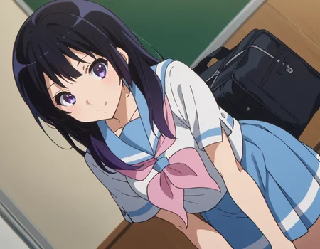 score_9, score_8_up, score_7_up, source_anime,
reinakousaka, <lora:reina-kousaka-ponyxl-lora-nochekaiser:1>,
reina kousaka, long hair, bangs, black hair, purple eyes,
skirt, shirt, school uniform, white shirt, short sleeves, pleated skirt, serafuku, sailor collar, blue skirt, neckerchief, blue sailor collar, school bag, pink neckerchief, kitauji high school uniform,
indoors, classroom, bent over, smile,
looking at viewer, cowboy shot, dutch angle,