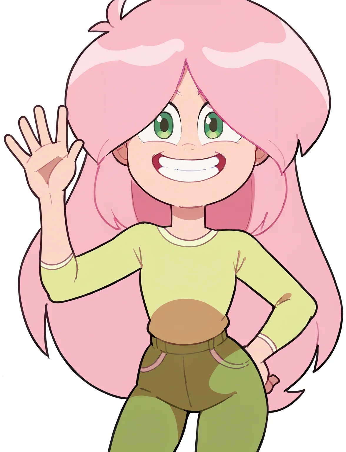 score_9, score_8_up, score_7_up, score_6_up, score_5_up, score_4_up, 1girl, <lora:Ondine_Les_filles_de_dad:1> ondine, pink hair, green shirt, green pants, green eyes, happy, teeth, hand on own hip, clenched teeth, waving, white background, looking at viewer,
<lora:kabeume_Pony_locon_e20:0.8>