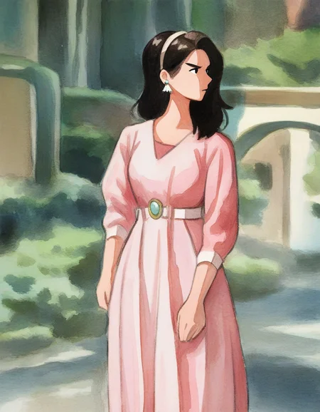 1girl, magical-girl, medium-hair, multiple-hairpins, hairband, earrings, standing, determined, cowboy-shot, looking-away, outside, scenery, general, cover-image, masterpiece, best quality, newest, absurdres, highres