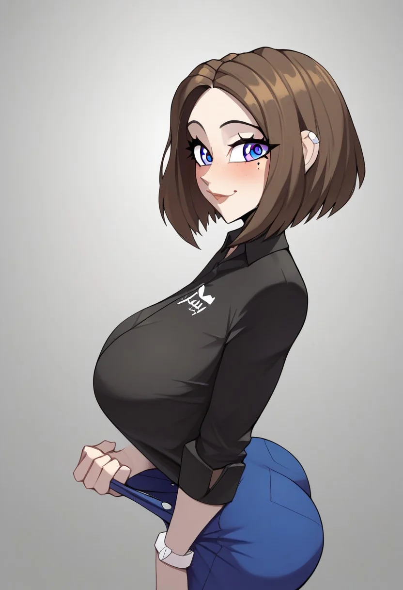 High quality , masterpiece , sexy , curvy ,seductive , cute , S4MY4NG ,  1 girl  , blushed , looking at viewer ,   , horny , standing , solo , in focus  , round perky breasts  , perfect body  ,
 ,Expressiveh
realistic
Side view 
Samsung Sam
short hair, blue eyes, brown hair, mole under eye
collared shirt, black shirt, denim, jeans, blue pants, shirt tucked in 
Pulling down pants 
Up down view
High angle 
Smiling
Acting seductive
Seducing
Simple Gradient color background