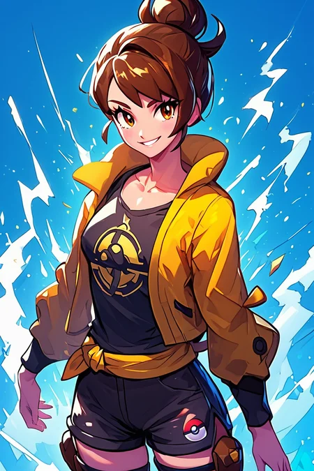 score_9, score_8_up, score_8, medium breasts, (curvy), cute, eyelashes, BREAK, , BREAK, gloria (pokemon), gloriaDojo, yellow jacket, black shirt, black shorts, knee pads, short hair, single hair bun, collarbone, cowboy shot, smile, looking at viewer, <lora:Gloria_Pokemon_P1:0.8>,, <lora:EnergyCAT:1.0>, solo, looking at viewer, upper body, aura, blue sky, , BREAK, smile, looking at viewer, cowboy shot, embedding:zPDXL, Expressiveh, <lora:SDXLFaeTastic2400:0.5>, <lora:Expressive_H-000001:0.4>,